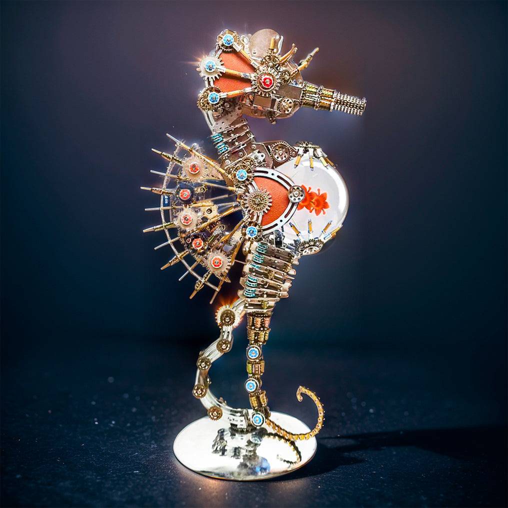 Intricate 3D Steampunk Metal Seahorse Puzzle Kit with Illuminating Lamp - 2100 Pieces of Whimsy! - OPICRAFT