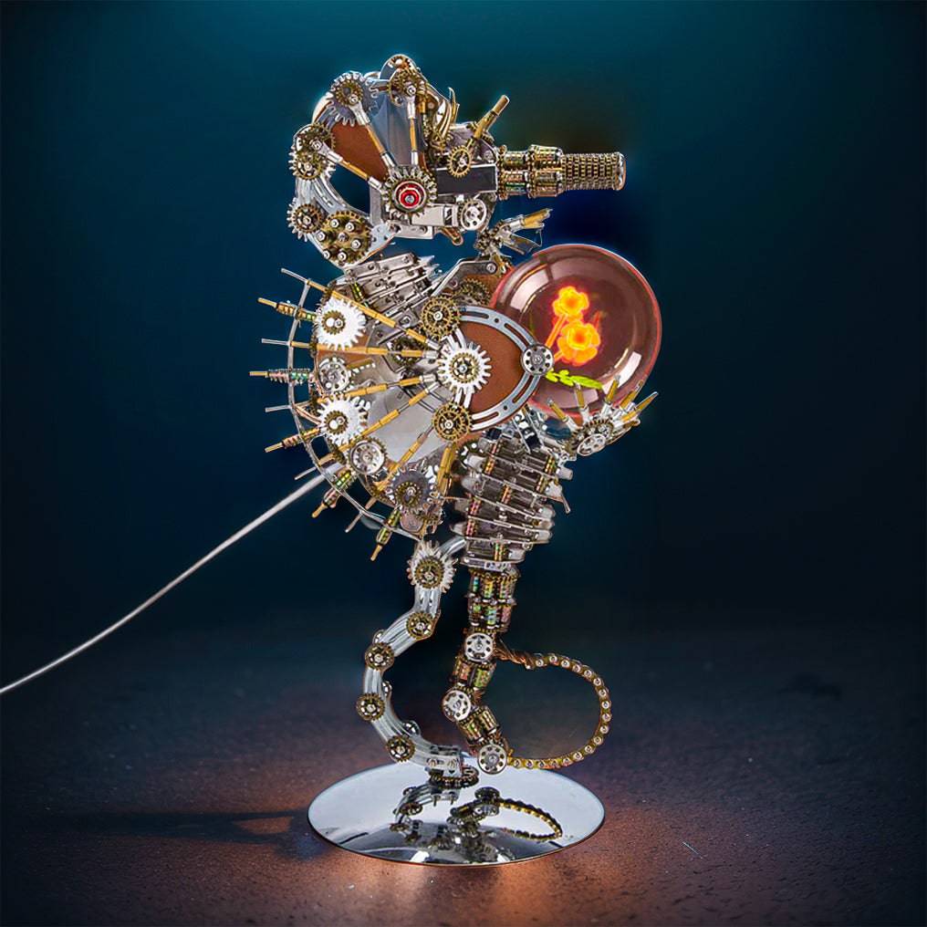 Intricate 3D Steampunk Metal Seahorse Puzzle Kit with Illuminating Lamp - 2100 Pieces of Whimsy! - OPICRAFT