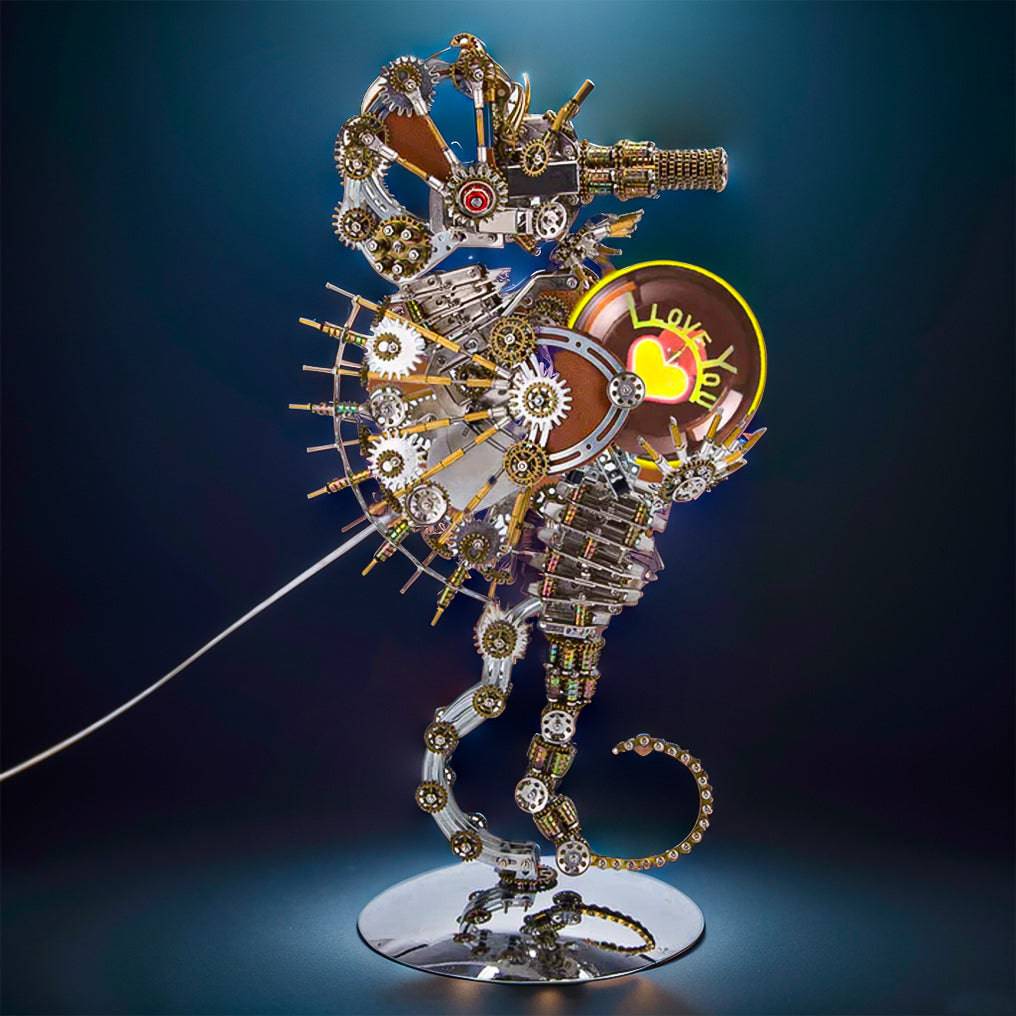 Intricate 3D Steampunk Metal Seahorse Puzzle Kit with Illuminating Lamp - 2100 Pieces of Whimsy! - OPICRAFT
