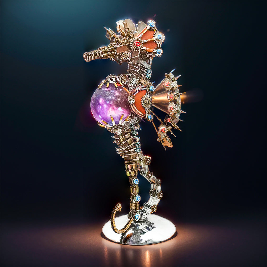 Intricate 3D Steampunk Metal Seahorse Puzzle Kit with Illuminating Lamp - 2100 Pieces of Whimsy! - OPICRAFT