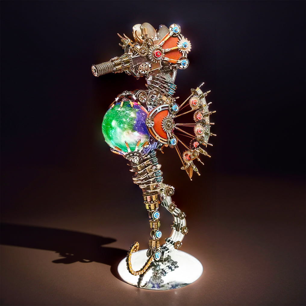 Intricate 3D Steampunk Metal Seahorse Puzzle Kit with Illuminating Lamp - 2100 Pieces of Whimsy! - OPICRAFT