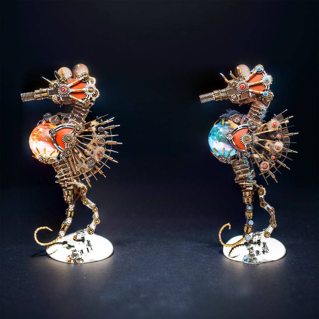 Intricate 3D Steampunk Metal Seahorse Puzzle Kit with Illuminating Lamp - 2100 Pieces of Whimsy! - OPICRAFT