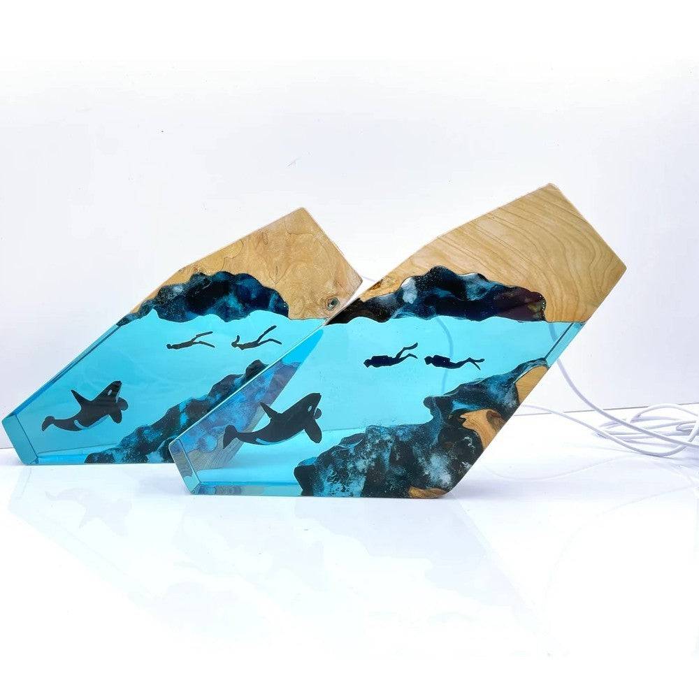 Orca And Tandem Diver Resin Night Light Resin Wood Lamp Blue Ocean Miniature - OPICRAFT