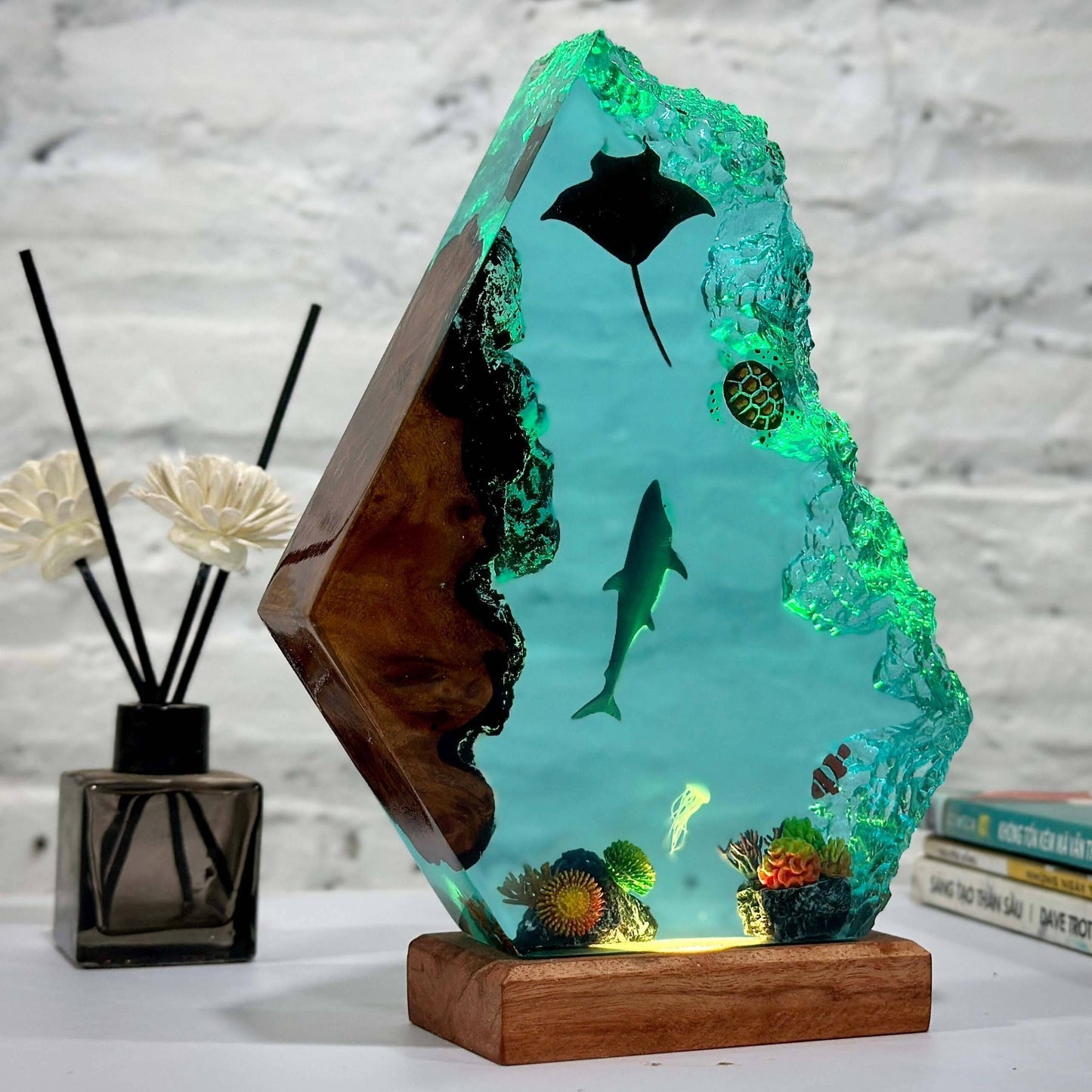 Great White Shark Ocean Resin Night Light with Jellyfish Nemo and Turtle - OPICRAFT