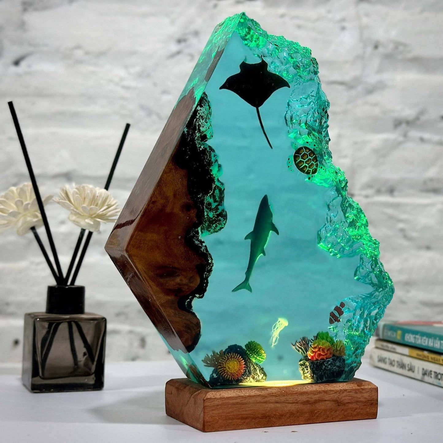 Great White Shark Ocean Resin Night Light with Jellyfish Nemo and Turtle - OPICRAFT