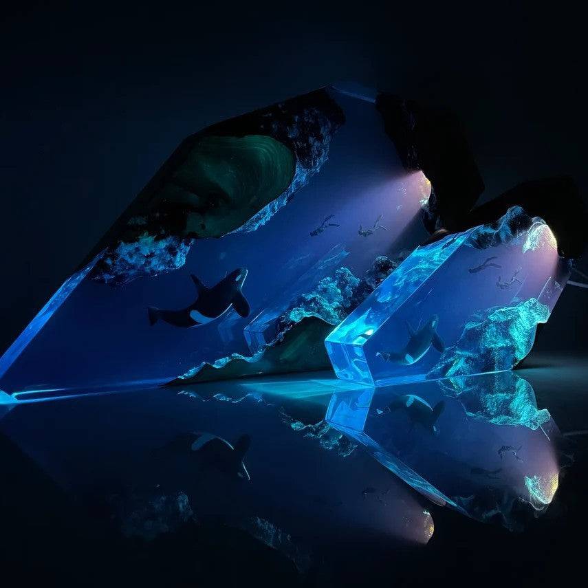 Orca And Tandem Diver Resin Night Light Resin Wood Lamp Blue Ocean Miniature - OPICRAFT
