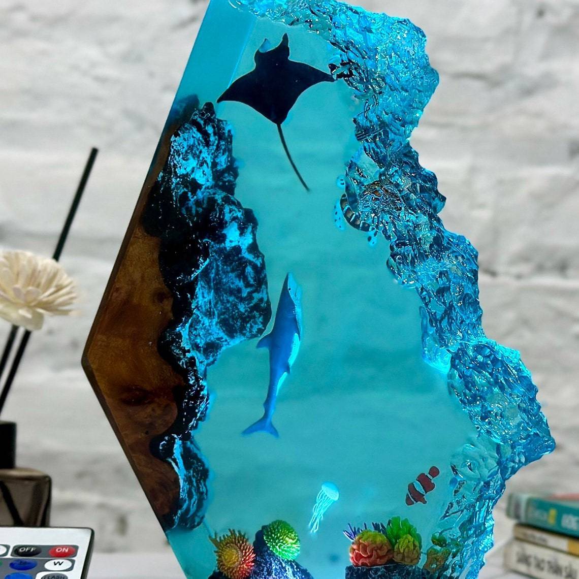 Great White Shark Ocean Resin Night Light with Jellyfish Nemo and Turtle - OPICRAFT
