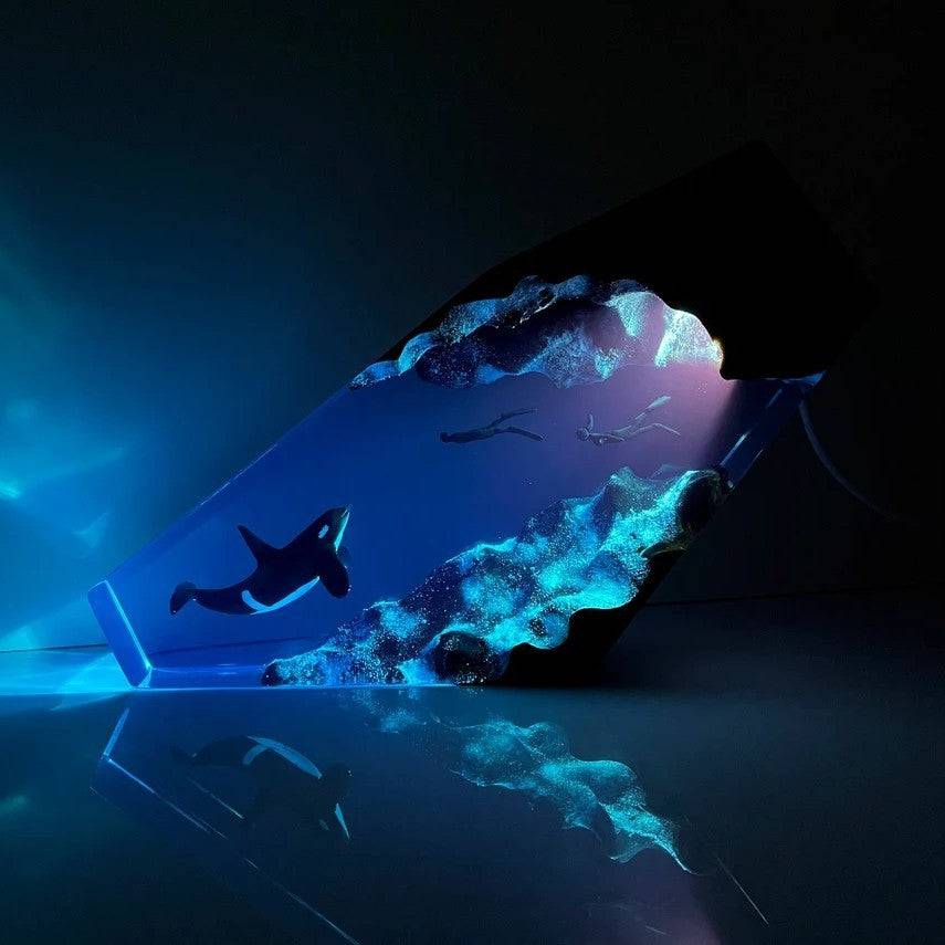 Orca And Tandem Diver Resin Night Light Resin Wood Lamp Blue Ocean Miniature - OPICRAFT