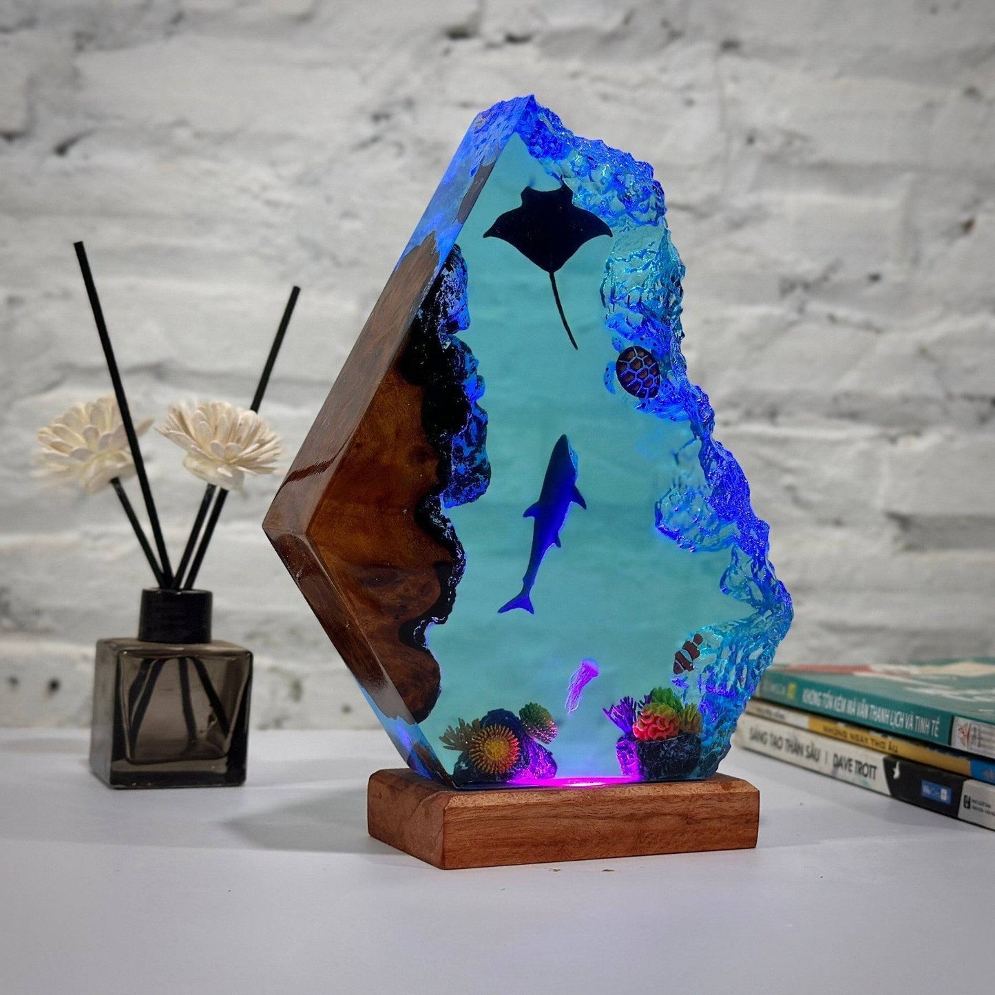 Great White Shark Ocean Resin Night Light with Jellyfish Nemo and Turtle - OPICRAFT