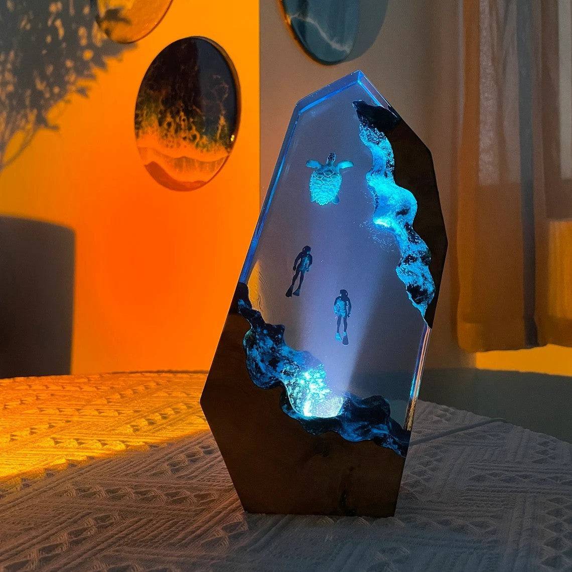Sea Turtle Couple Diver Night Light Resin Night Light - OPICRAFT
