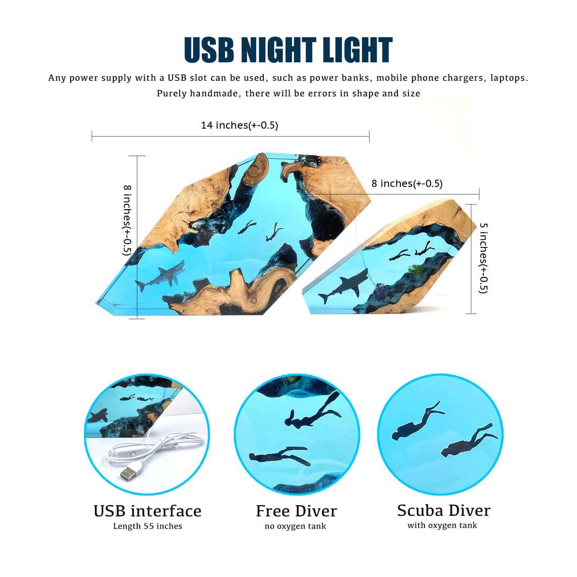 Orca And Tandem Diver Resin Night Light Resin Wood Lamp Blue Ocean Miniature - OPICRAFT