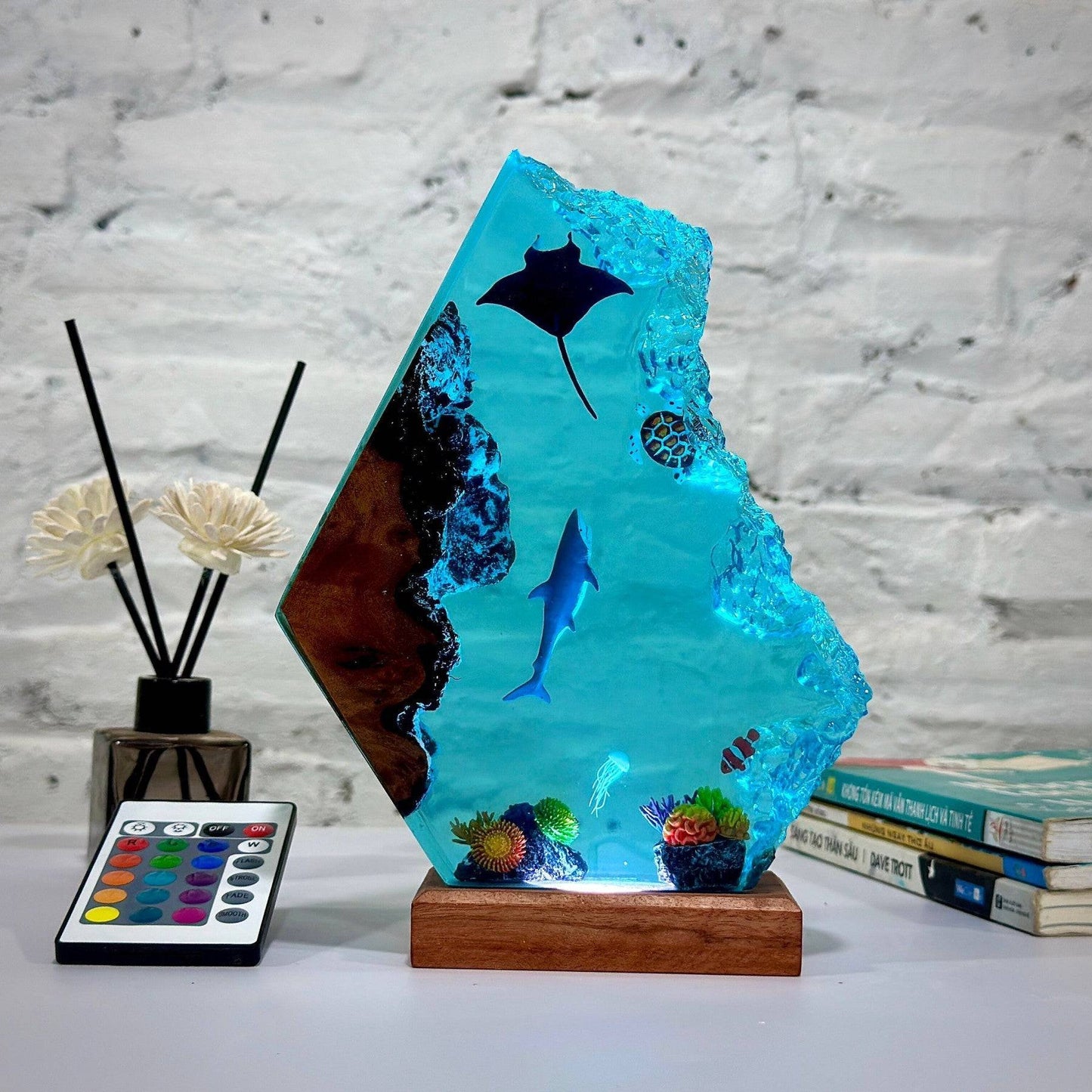 Great White Shark Ocean Resin Night Light with Jellyfish Nemo and Turtle - OPICRAFT
