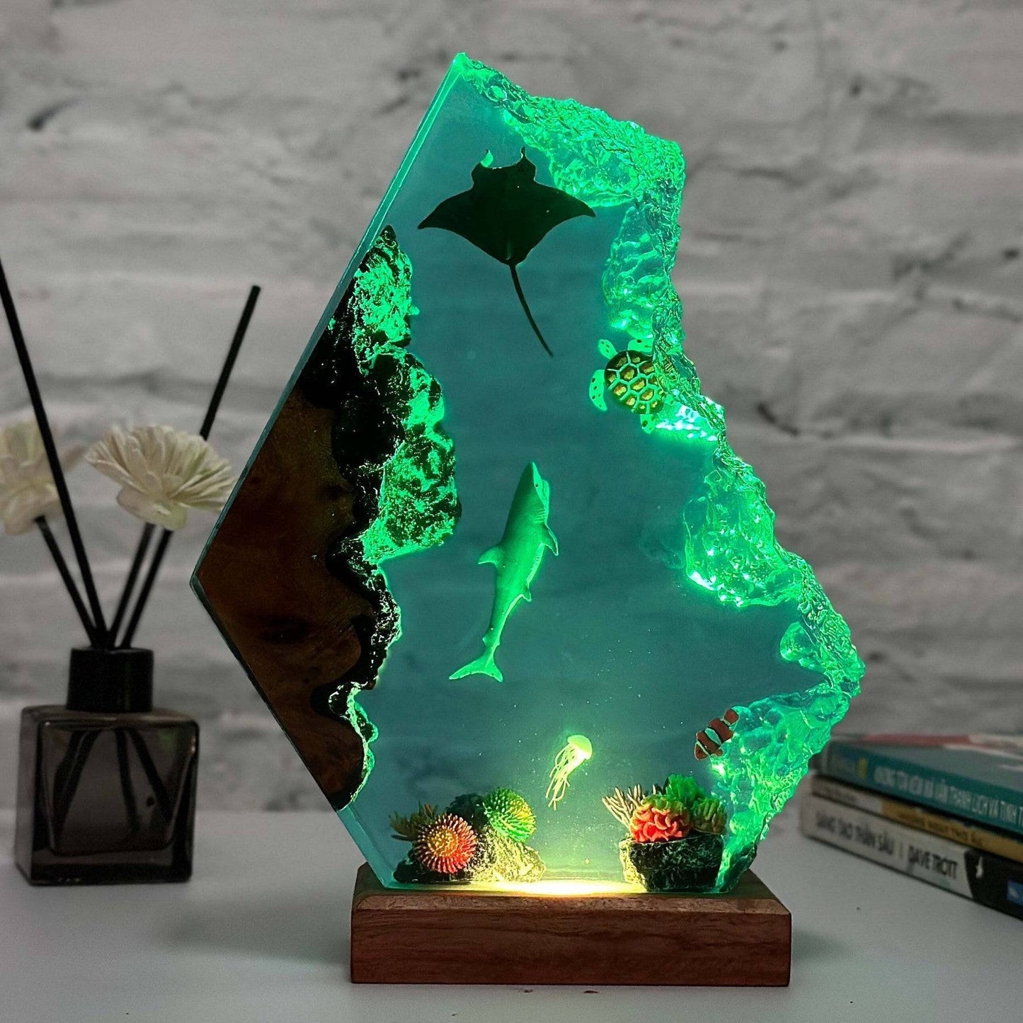 Great White Shark Ocean Resin Night Light with Jellyfish Nemo and Turtle - OPICRAFT