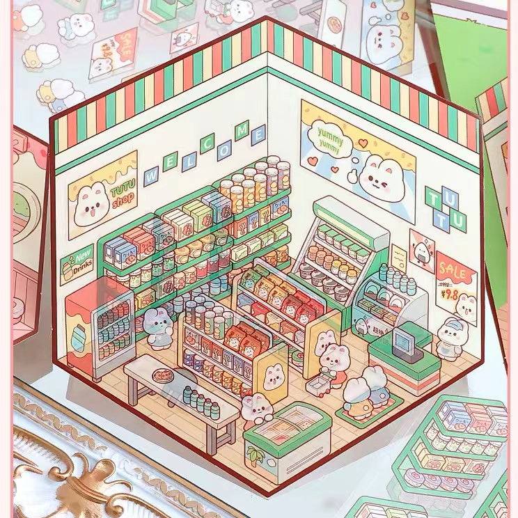 Stickers Scene, Make Cute Rabbit Dessert Shop|Rabbit Market|Bookstore|Burger Shop - OPICRAFT
