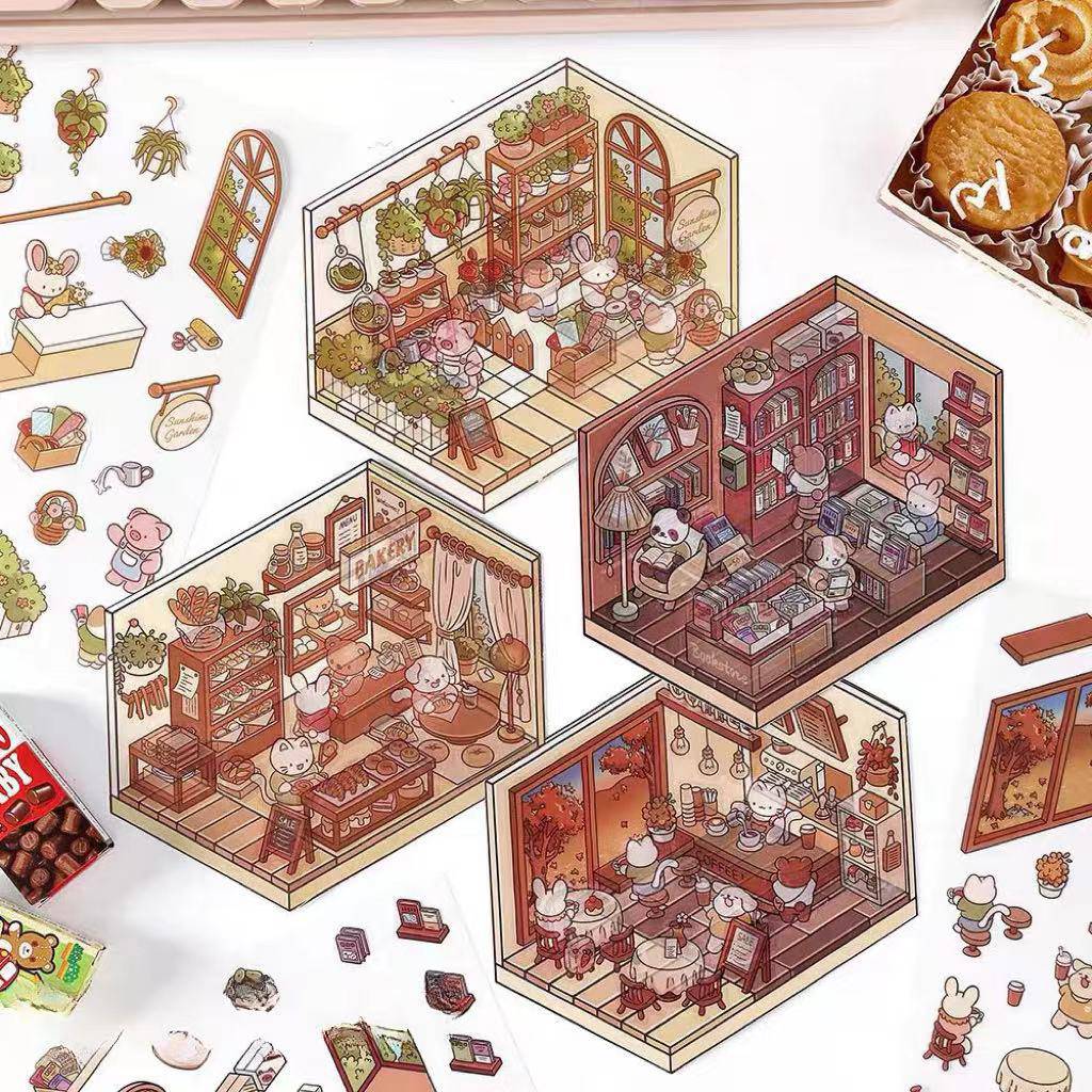 Sticker Scenes! Sunshine Greenhouse|Cat Cafe|Bakery|Library - OPICRAFT