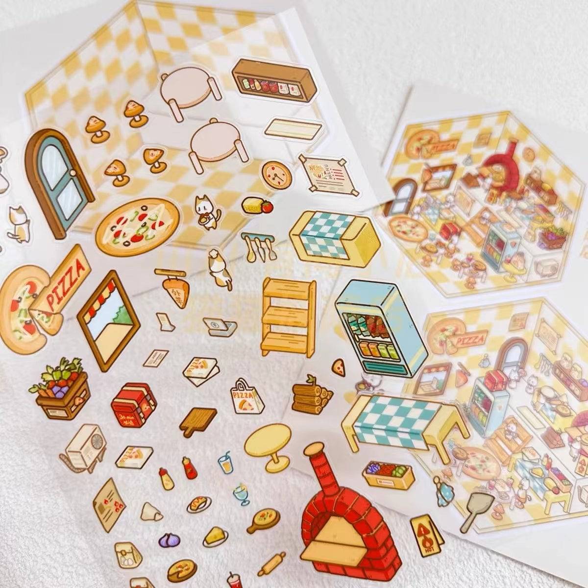 DIY Miniature Sticker Scene,Cat Burger Shop|Ferris Wheel Sushi|Hot Spring|Pizza Shop - OPICRAFT
