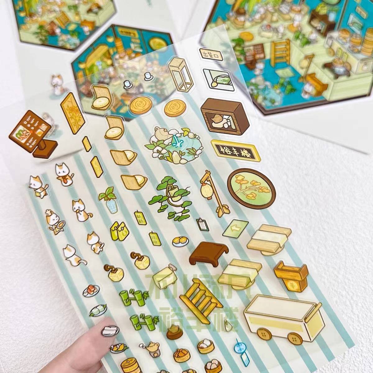 DIY Miniature Sticker Scene,Cat Burger Shop|Ferris Wheel Sushi|Hot Spring|Pizza Shop - OPICRAFT