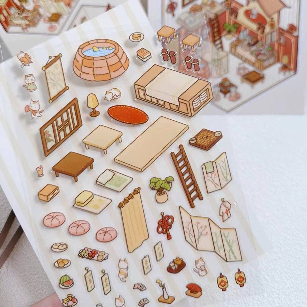 DIY Miniature Sticker Scene,Cat Burger Shop|Ferris Wheel Sushi|Hot Spring|Pizza Shop - OPICRAFT