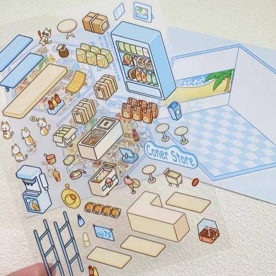 DIY Miniature Sticker Scene,Cat Burger Shop|Ferris Wheel Sushi|Hot Spring|Pizza Shop - OPICRAFT