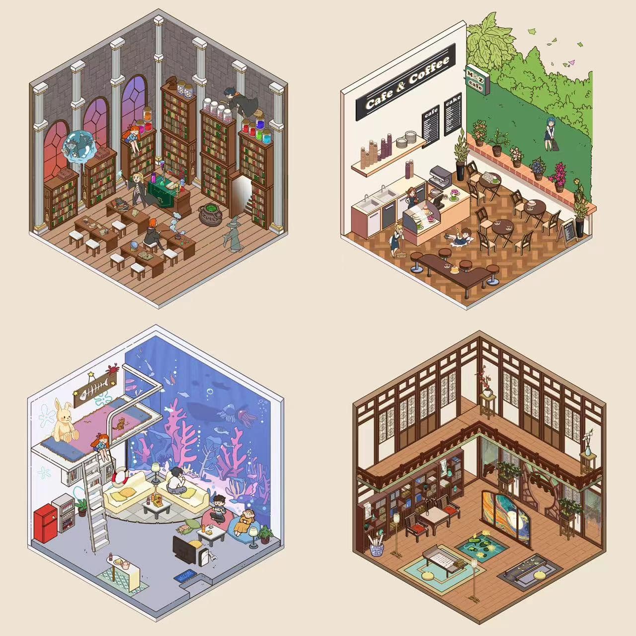DIY 4 Miniature Scene Stickers: Potions Classroom|Deep Sea Mystery Hall|Traditional Chinese House|Cafe Shop - OPICRAFT