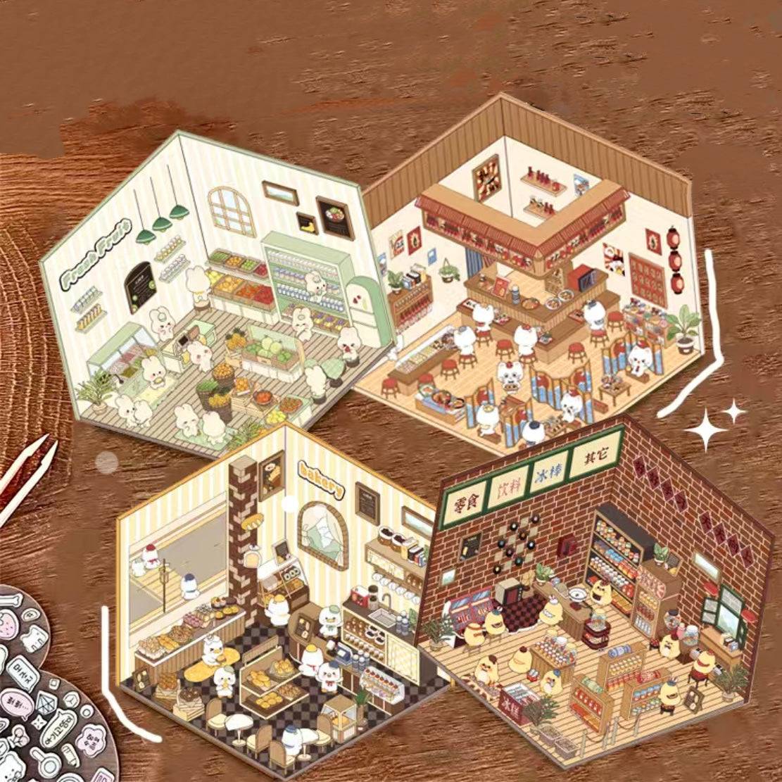 Sticker Play Scenes! Build 3D Izakaya|Chinese Convenience Store|Fresh Fruit|Bakery Shop - OPICRAFT
