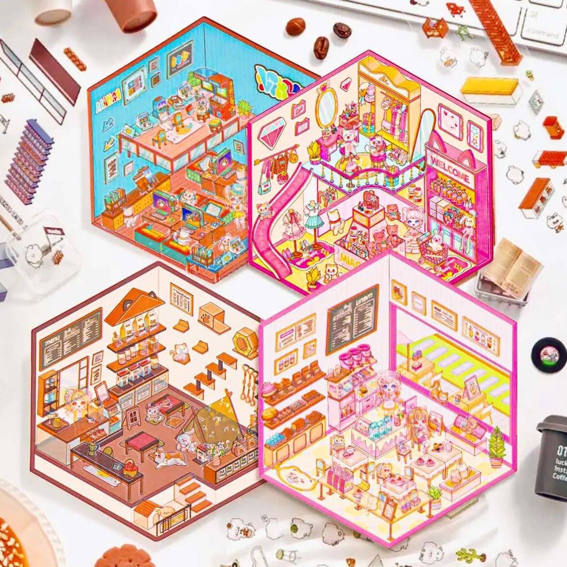 3D Sticker Play Scenes! Pet Coffee|Dessert Store|Girl Shop|Video Arcade - OPICRAFT