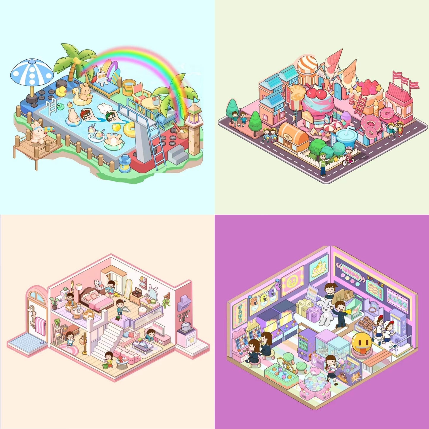 3D Sticker Play Scenes! Create Pool Party|Dessert Street|Pink Loft|Video Arcade - OPICRAFT