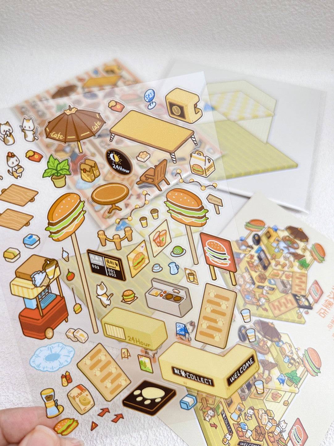 DIY Miniature Sticker Scene,Cat Burger Shop|Ferris Wheel Sushi|Hot Spring|Pizza Shop - OPICRAFT