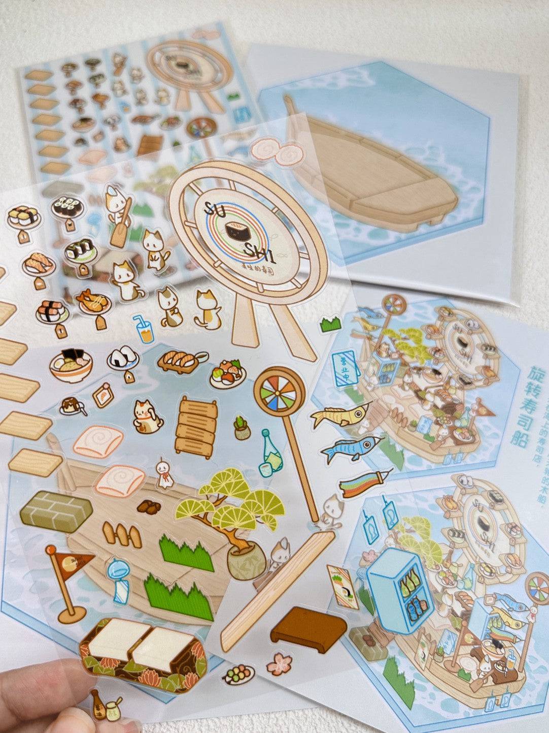 DIY Miniature Sticker Scene,Cat Burger Shop|Ferris Wheel Sushi|Hot Spring|Pizza Shop - OPICRAFT