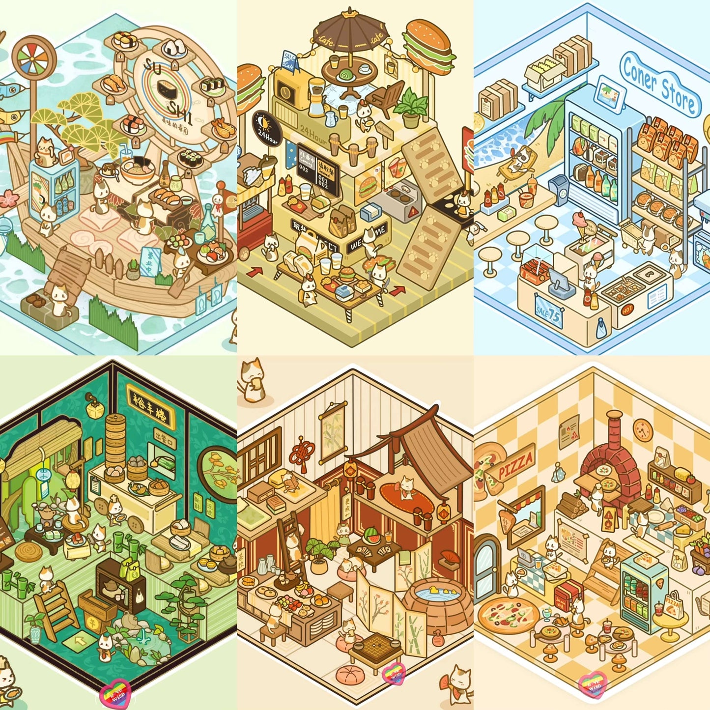 DIY Miniature Sticker Scene,Cat Burger Shop|Ferris Wheel Sushi|Hot Spring|Pizza Shop - OPICRAFT