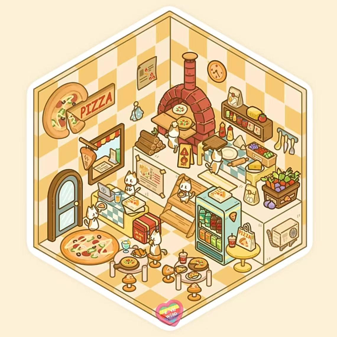 DIY Miniature Sticker Scene,Cat Burger Shop|Ferris Wheel Sushi|Hot Spring|Pizza Shop - OPICRAFT
