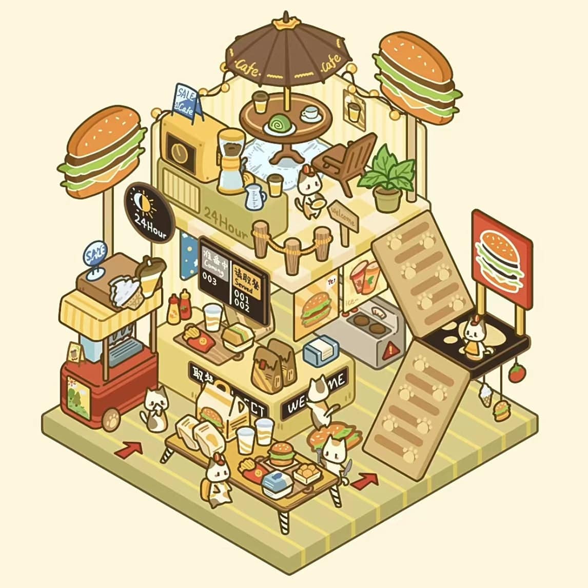 DIY Miniature Sticker Scene,Cat Burger Shop|Ferris Wheel Sushi|Hot Spring|Pizza Shop - OPICRAFT
