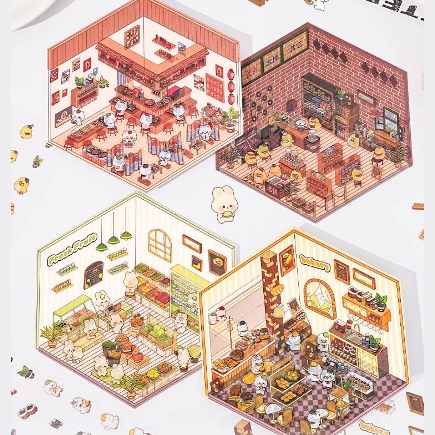 Sticker Play Scenes! Build 3D Izakaya|Chinese Convenience Store|Fresh Fruit|Bakery Shop - OPICRAFT