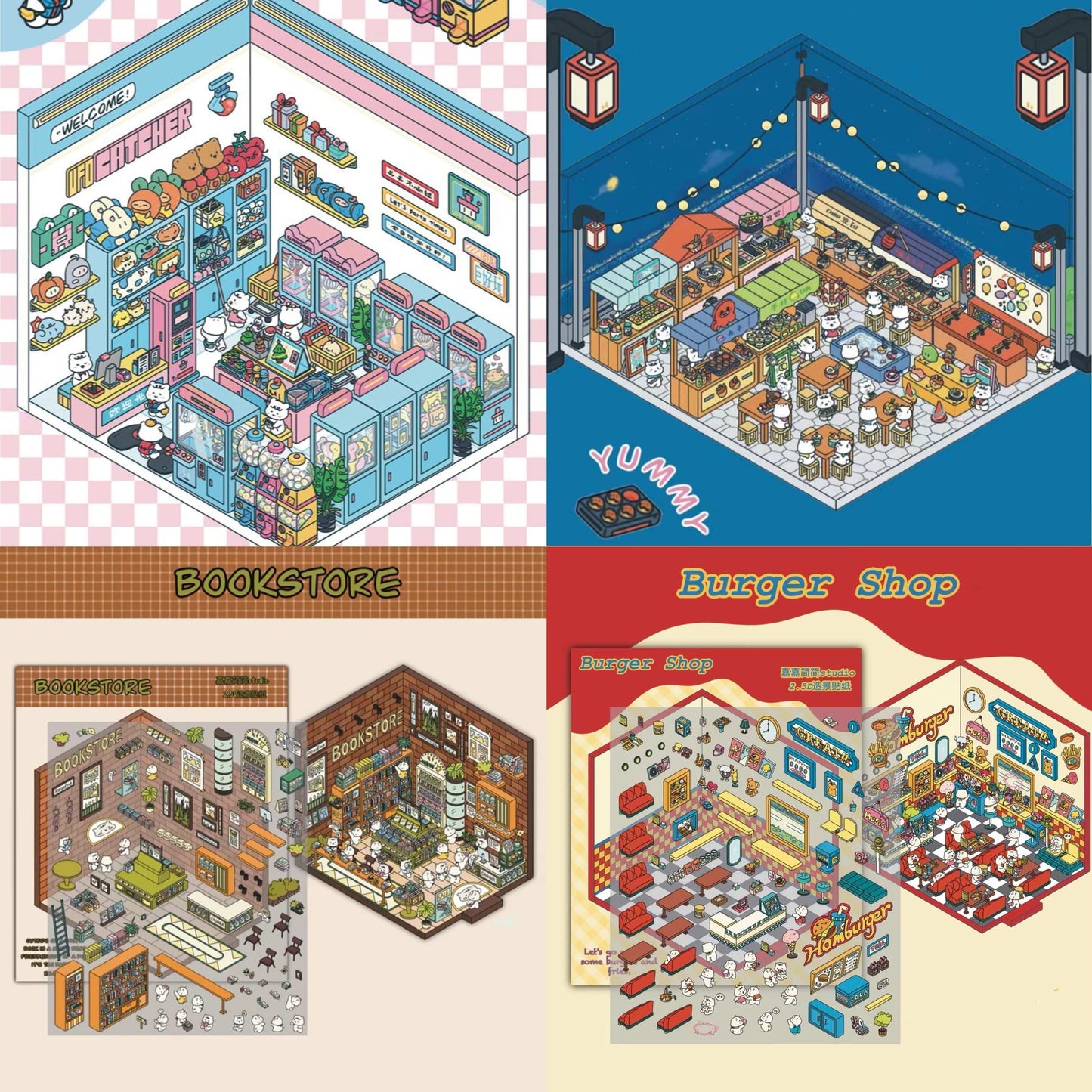 3D Miniature Scene Stickers, Make Claw Machine|Night Market|Bookstore|BurgerShop - OPICRAFT