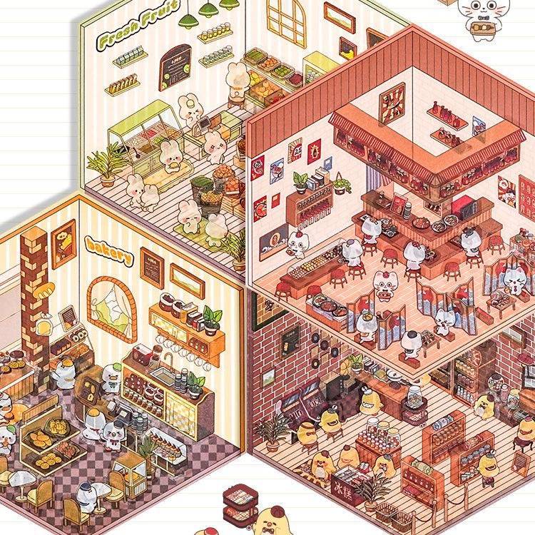 Sticker Play Scenes! Build 3D Izakaya|Chinese Convenience Store|Fresh Fruit|Bakery Shop - OPICRAFT