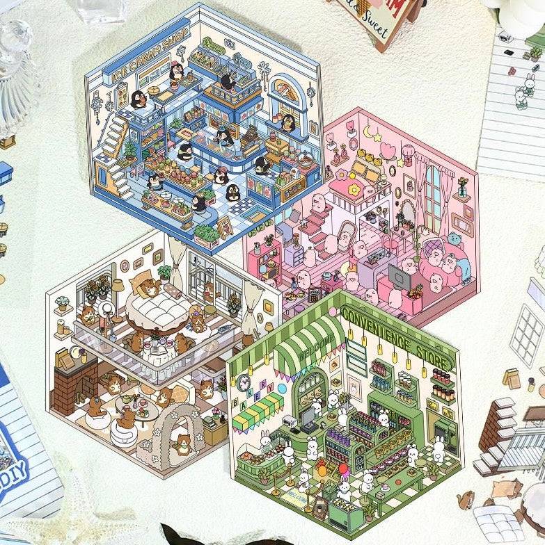 3D Sticker Scene, DIY Pink Hut|Coffee Cat Loft|Penguin Ice Cream|Bunny Store - OPICRAFT