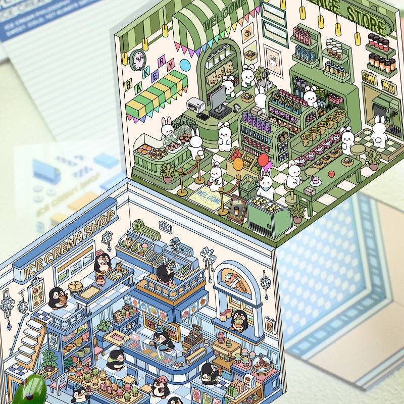 3D Sticker Scene, DIY Pink Hut|Coffee Cat Loft|Penguin Ice Cream|Bunny Store - OPICRAFT