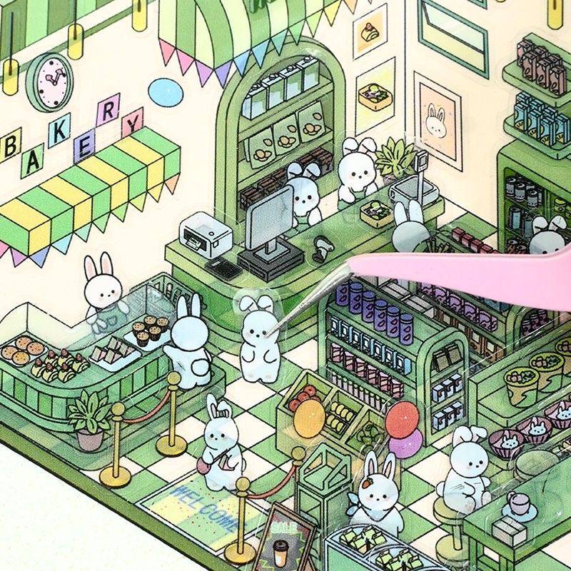 3D Sticker Scene, DIY Pink Hut|Coffee Cat Loft|Penguin Ice Cream|Bunny Store - OPICRAFT