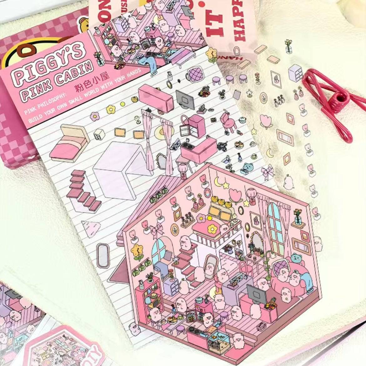 3D Sticker Scene, DIY Pink Hut|Coffee Cat Loft|Penguin Ice Cream|Bunny Store - OPICRAFT