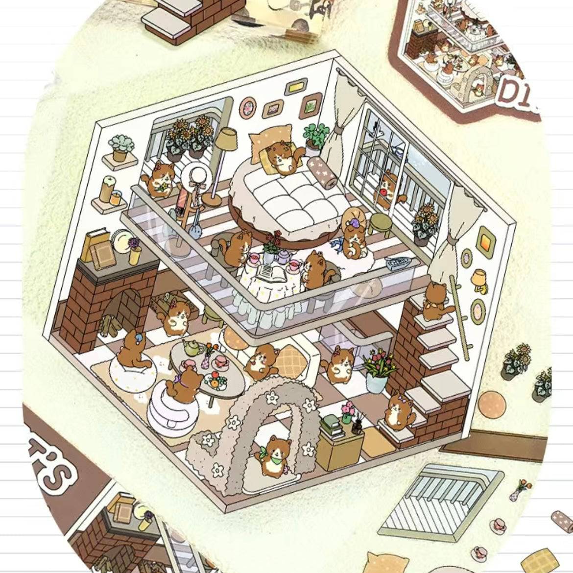 3D Sticker Scene, DIY Pink Hut|Coffee Cat Loft|Penguin Ice Cream|Bunny Store - OPICRAFT
