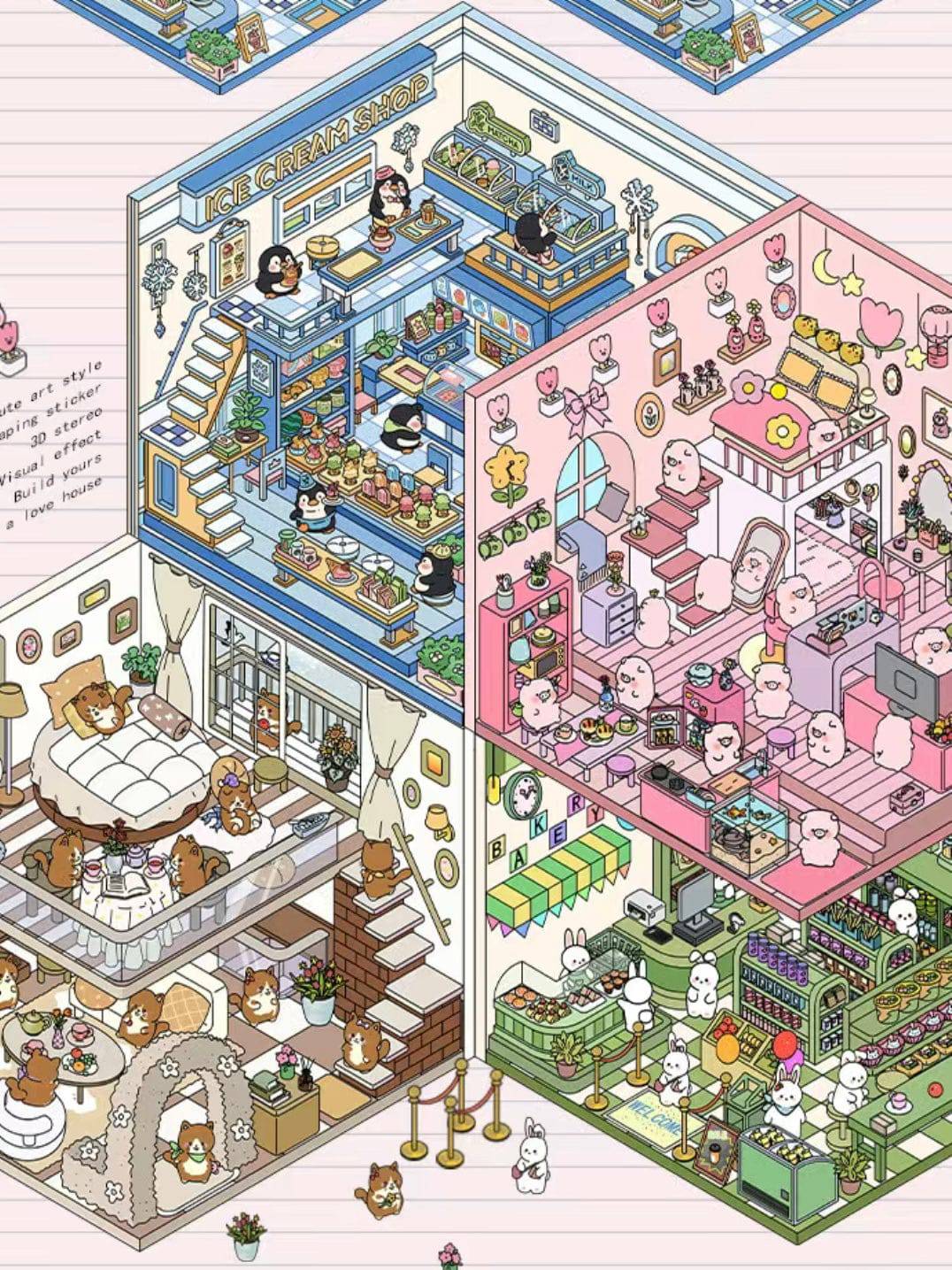 3D Sticker Scene, DIY Pink Hut|Coffee Cat Loft|Penguin Ice Cream|Bunny Store - OPICRAFT