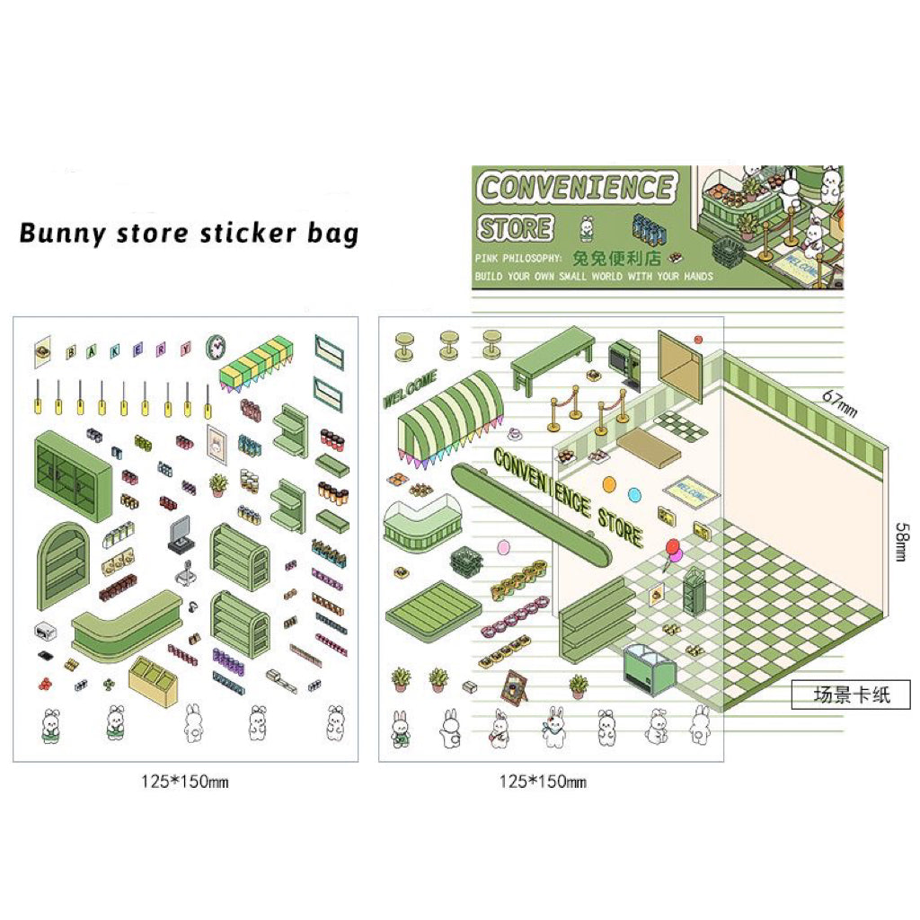 3D Sticker Scene, DIY Pink Hut|Coffee Cat Loft|Penguin Ice Cream|Bunny Store - OPICRAFT