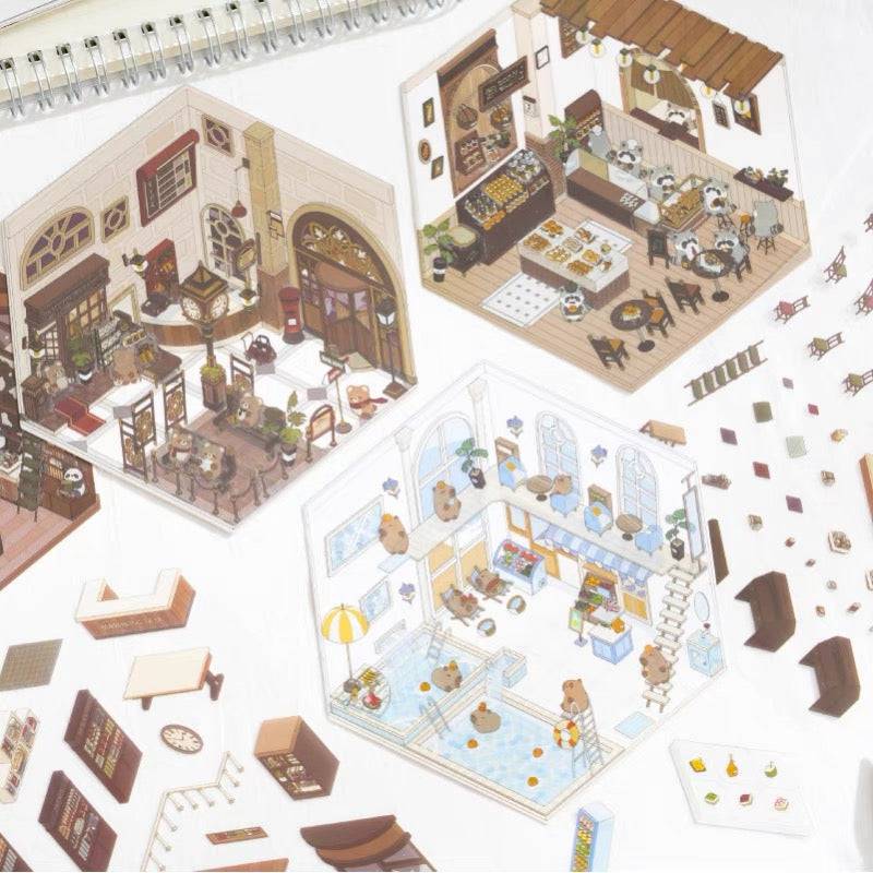 DIY 3D House Sticker Scene, Create Bookstore||Platform Station|Summer Pool|Bread Shop - OPICRAFT
