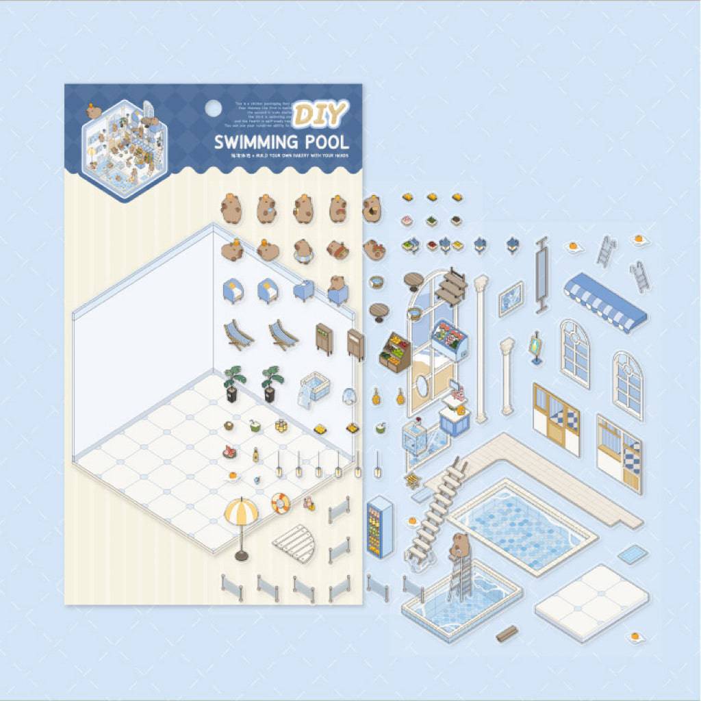 DIY 3D House Sticker Scene, Create Bookstore||Platform Station|Summer Pool|Bread Shop - OPICRAFT