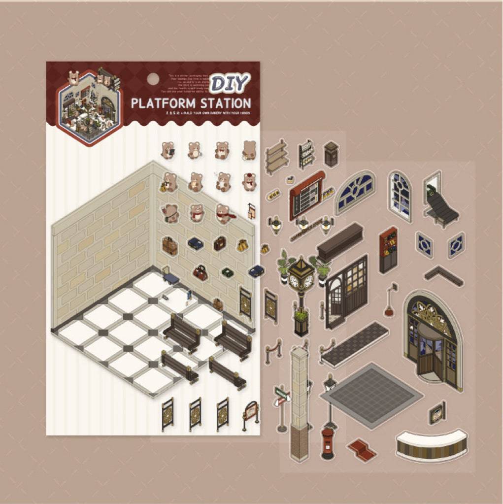 DIY 3D House Sticker Scene, Create Bookstore||Platform Station|Summer Pool|Bread Shop - OPICRAFT