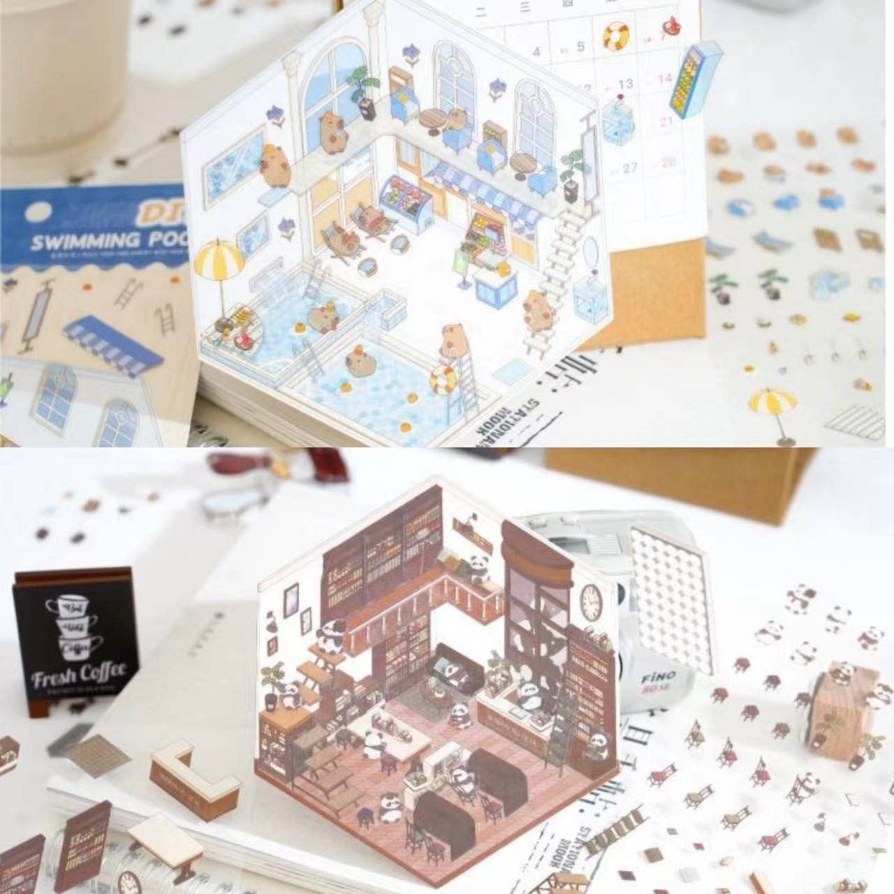 DIY 3D House Sticker Scene, Create Bookstore||Platform Station|Summer Pool|Bread Shop - OPICRAFT