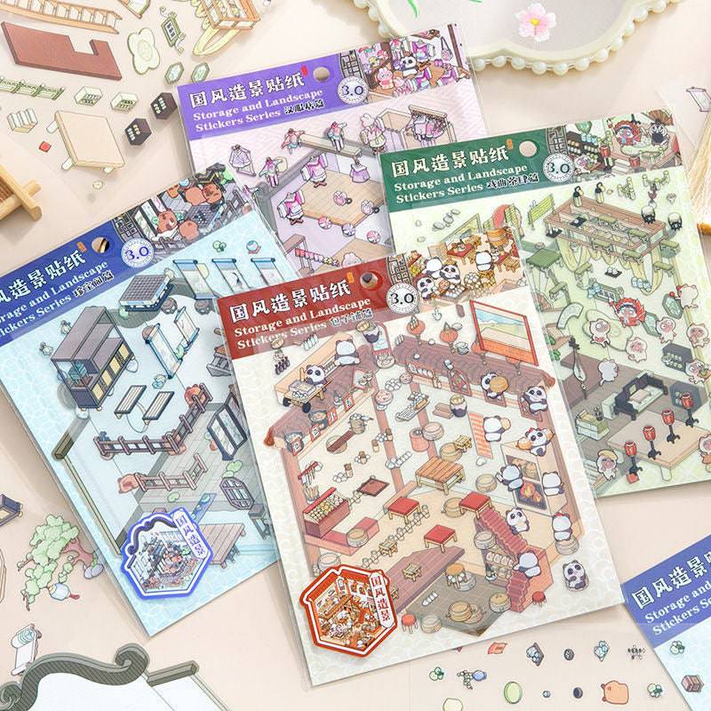 Traditional Chinese Architecture Sticker Scene: Baozi Shop|Dress Shop|Ancient Theater|Treasure - OPICRAFT