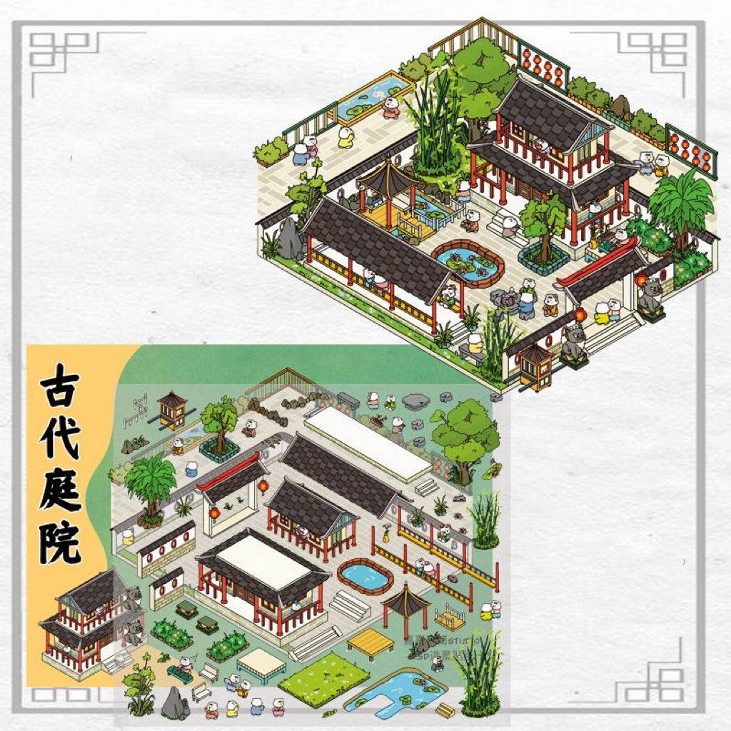 Ancient Chinese Architecture 3D Sticker Scenes, Build Chinese Garden Ancient Market - OPICRAFT