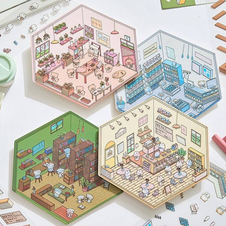 DIY Miniature Sticker Scene,Flower Shop|Bookstore|Dessert Shop|Convenience Store - OPICRAFT