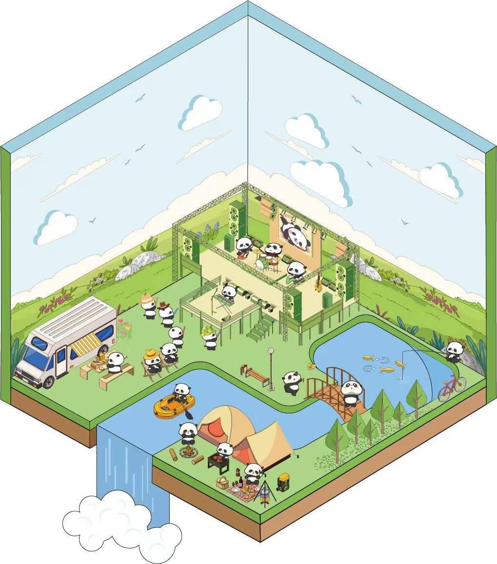 Cute Panda Sticker Scene, Panda Music Festival|Bookstore|Dessert Shop|Supermarket - OPICRAFT
